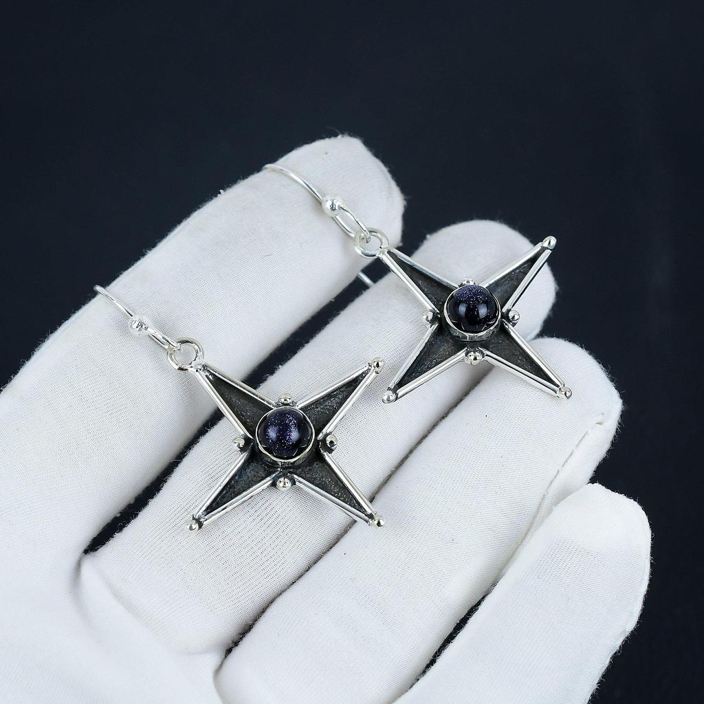 Natural Blue Sunstone Gemstone Star Shape Earrings, 925 Sterling Silver Earring, Handmade Boho Silver Jewelry Dangle Earrings, Wadding Gift