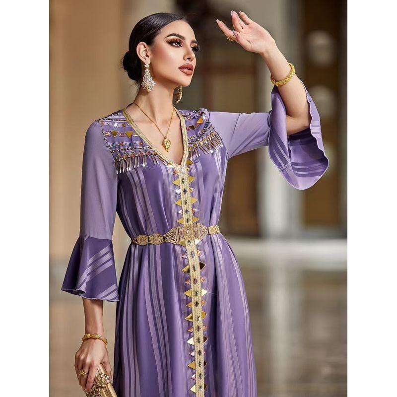 

New Arrival Middle East Elegant Graceful Ruffle Sleeve Hand-Stitched Diamond Dress Dress Sewing Diamond Dress Purple S