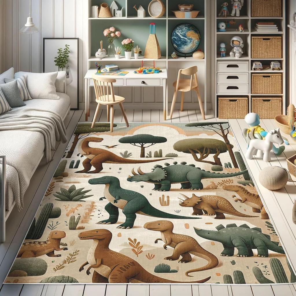 Dinosaur Decorative Rug,Jurassic Scenario Cartoon Animals in Wilderness Cloudy Sunrise Back, Quality Carpet for Bedroom Dorm and