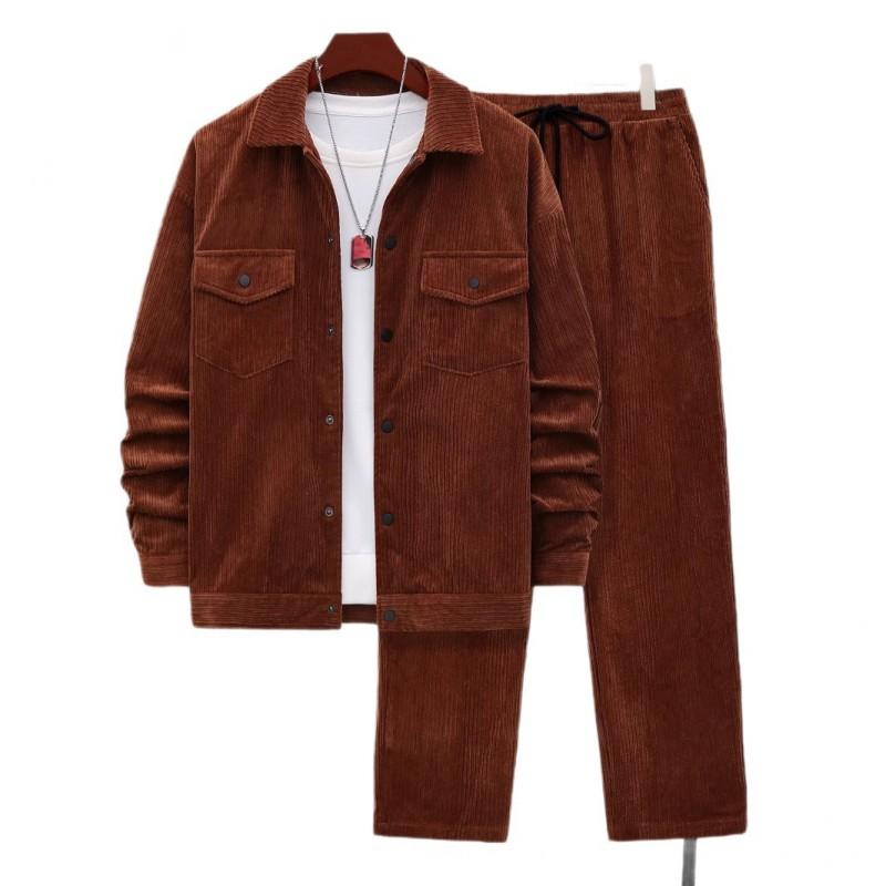 Mens Corduroy Textured Long Sleeve Workwear Jacket Drawstring Casual Pants Set Coffee Blue Black