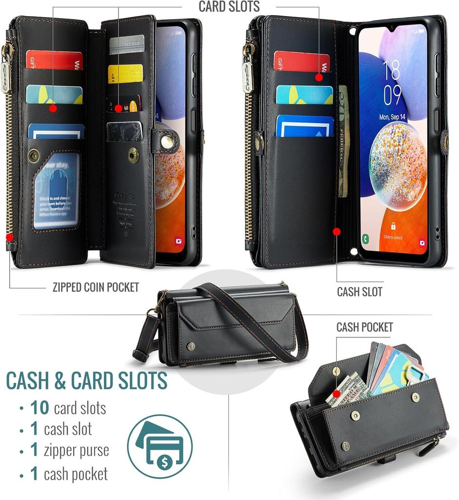 for Samsung Galaxy A14 Wallet Case with RFID Protection, Card Slots, Kickstand, Detachable Strap – Shockproof PU Leather Flip Crossbody Phone Cover