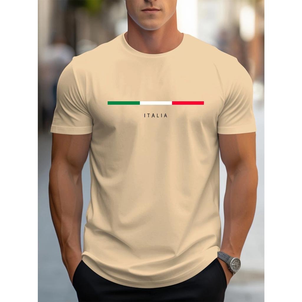 Summer Round Neck ITALIA Pattern Printed Top Fashionable Casual Pure Cotton Short Sleeved Men's T-shirts