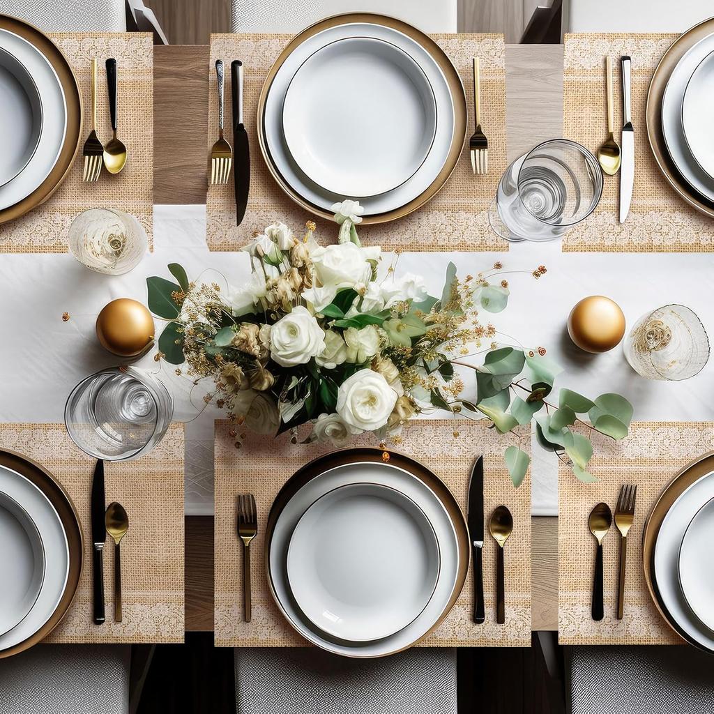 Lallisa 100 Pcs Burlap Printed Paper Place Mats 14 x 10 in Lace Disposable Dining Table Placemat Rectangle Brown Kitchen Table Mat Vintage Place Mat