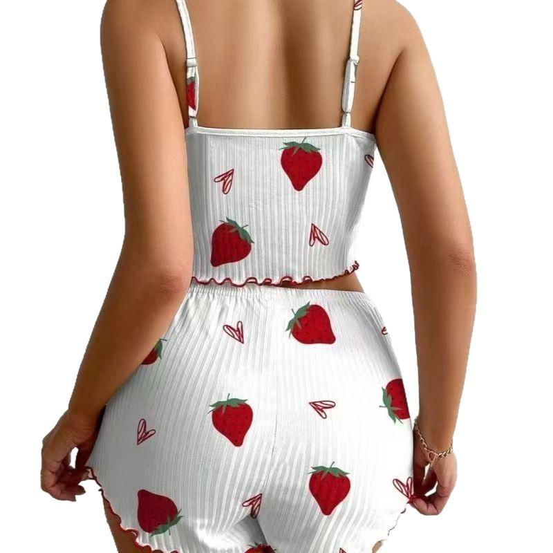 European & American Women's Ribbed Knit Heart Print Camisole and Shorts Set