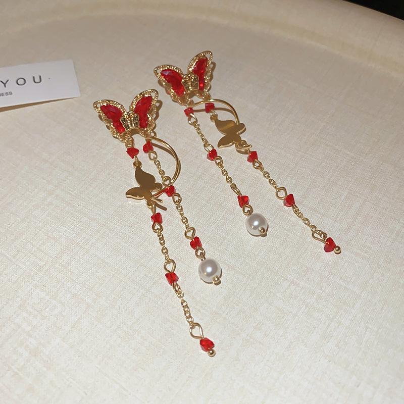 Zinc Alloy Needle Butterfly Zircon Long Tassel Pearl Earrings for Women New Fashion Drop Earring Light Luxury High Sense Zircon