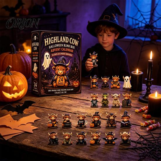 Halloween Countdown Box Schottische Hochlandkuh Adventskalender, 24 Tage Kalender mit 24 Stück Figuren, Gruselige Dekorationen Tägliches Auspacken