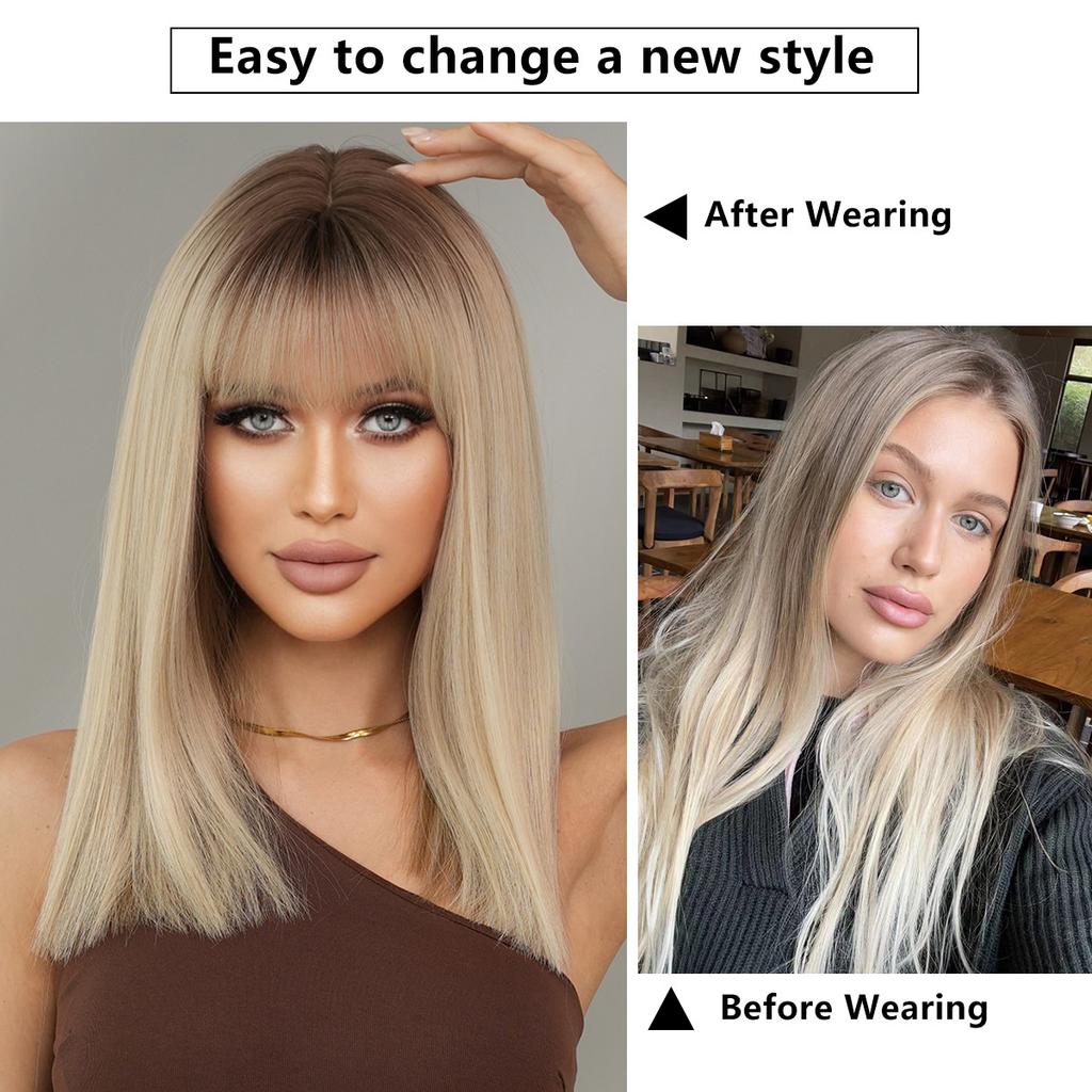 New Ash Blonde Shoulder Length Wig for Women - Rooted Hair Rose Net Machine Made Daily Wear Full Cap Wig, Natural Breathable