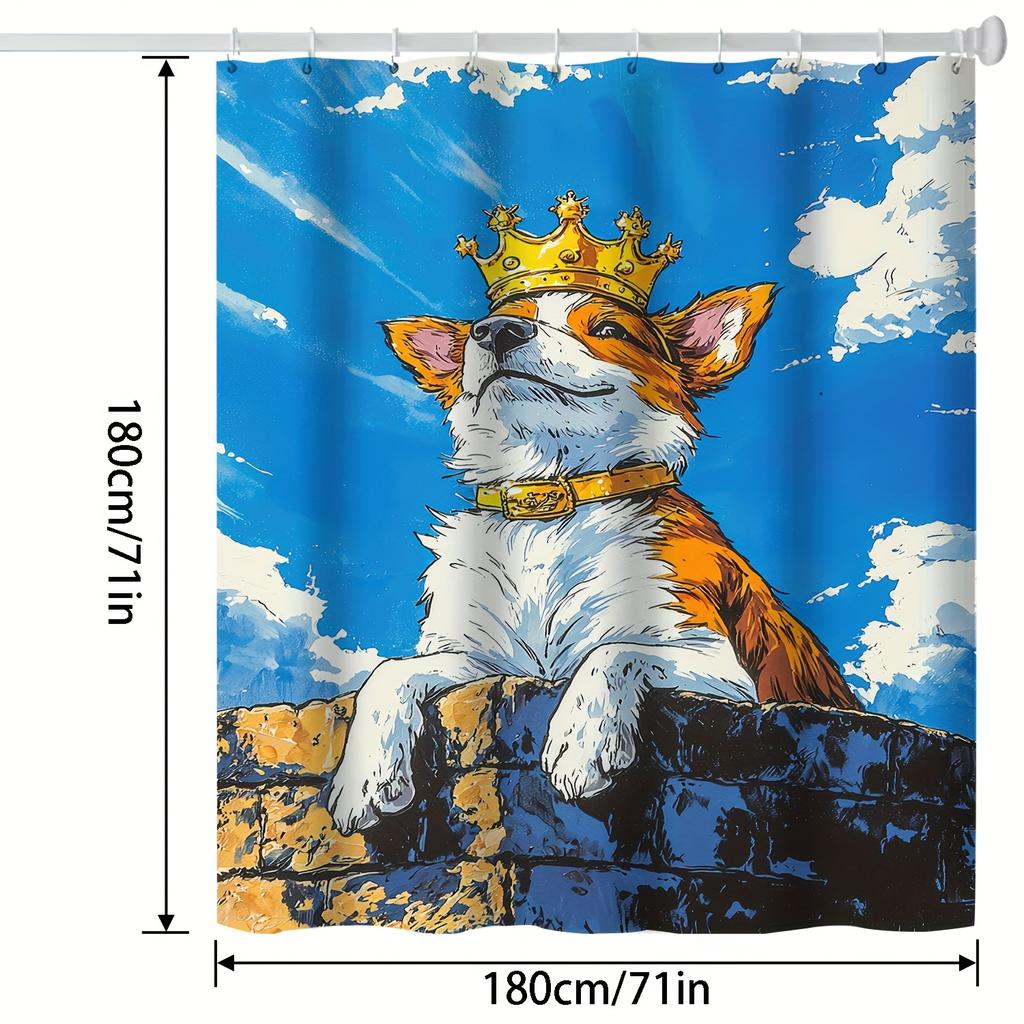 1pc Cute Cartoon Dog Shower Curtain with Crown Design – Polyester Bathroom Decor, Machine Washable, Blue Sky & Cloud Background