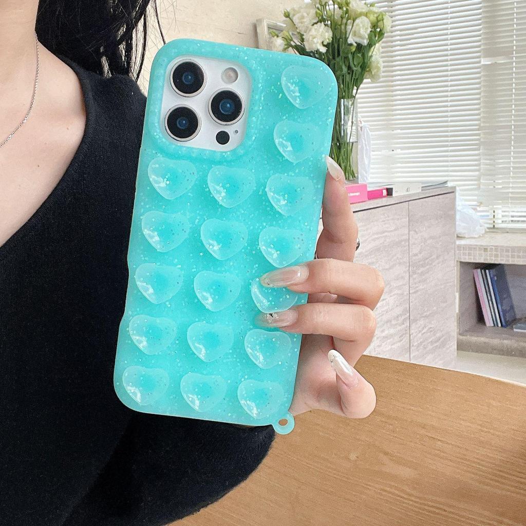 Heart-Shaped Glitter Phone Case with Suction Cup for Apple 17 PROMAX, Trendy 16ins Style 14PRO, Creative 15 Semi-Transparent