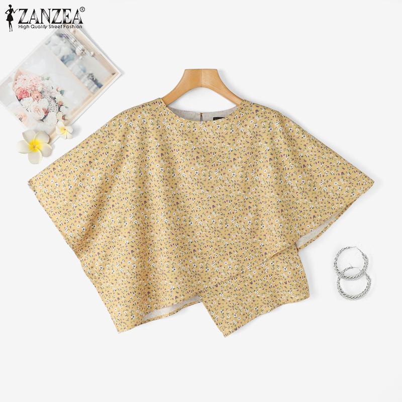ZANZEA Women Casual Round Neck Floral Print Cape Shape Short Sleeve Blouse