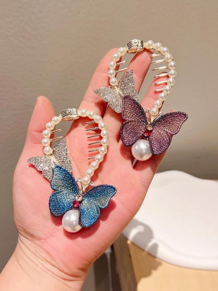 Pearl Butterfly Rhinestone Ball Head Clip for Women High-end Rhinestone Ball Head Clip Back of The Head Inverted Combing Tool