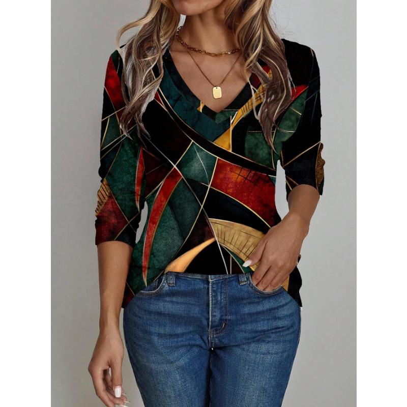 Damen 3D Retro Floral Print V-Ausschnitt Langarmshirt Schlankmachender Polyesterstoff Frühling und Herbst Lässiger Stil Oberteil