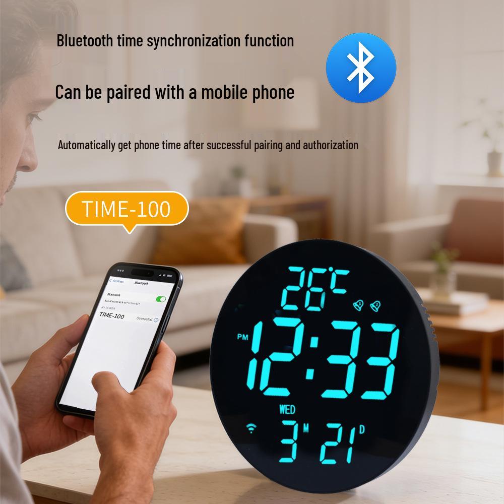 Bluetooth RGB Color-Changing Wall Clock: Auto Time Sync, Multifunctional Alarm, Perpetual Calendar, Daylight Saving Adjustments.