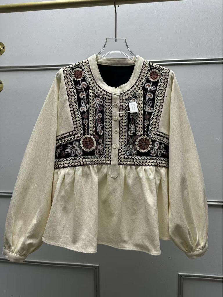 Camicia Larga Ricamata Francese Stile Bohemien con Maniche a Lanterna
