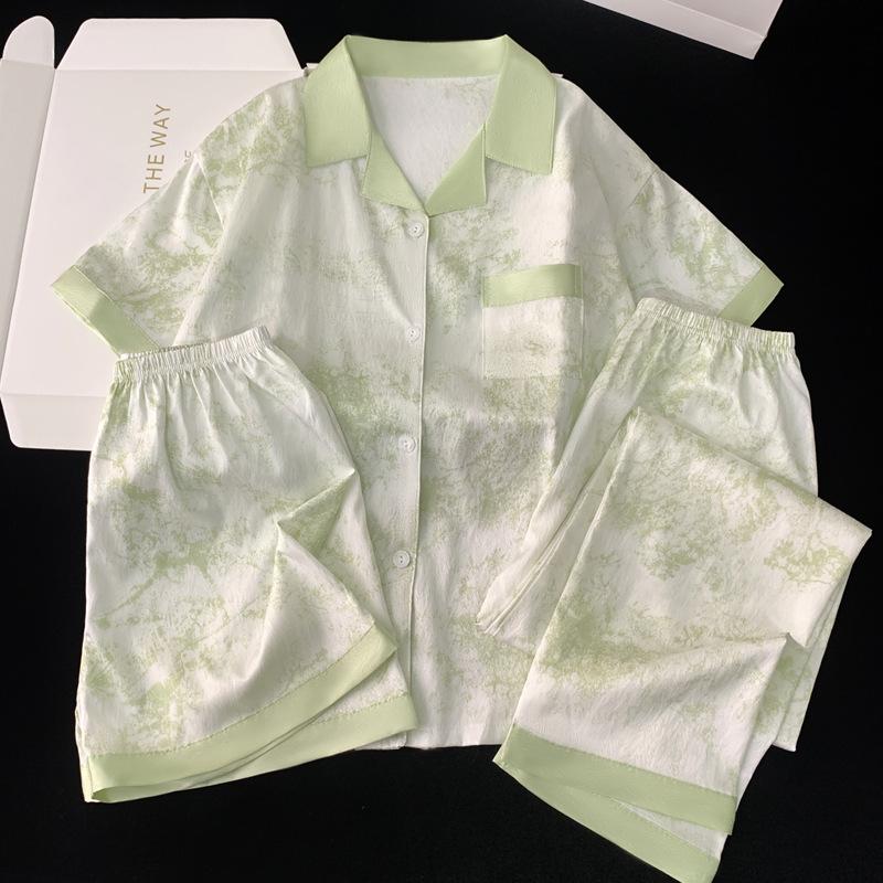Ink Painting Light Luxury High-End Style Casual Loose Short-Sleeved Three-Piece Homewear Summer Pajamas Women'S Summer