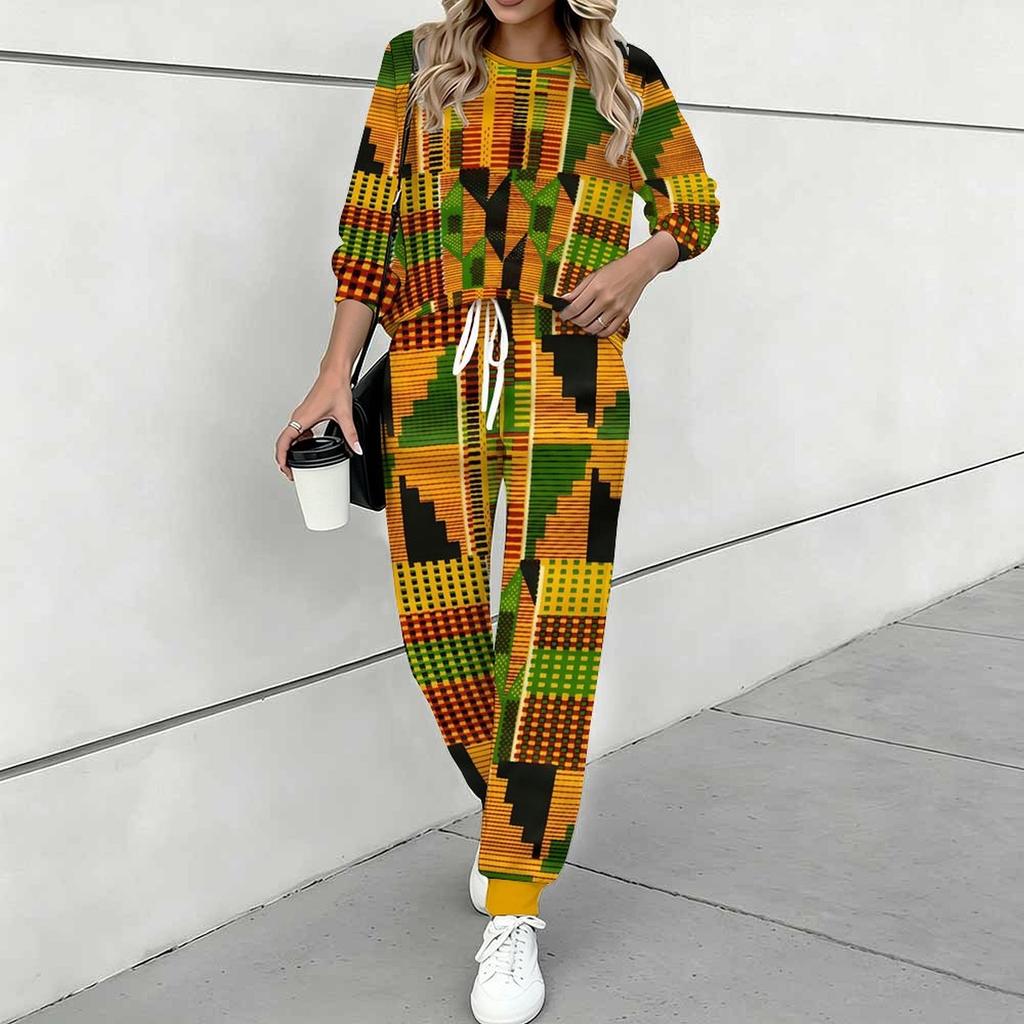 Women Floral Print Two Piece Outfit, Long Sleeve Crew Neck Top & Drawstring Jogger Pants Casual Tracksuit for Spring Autumn