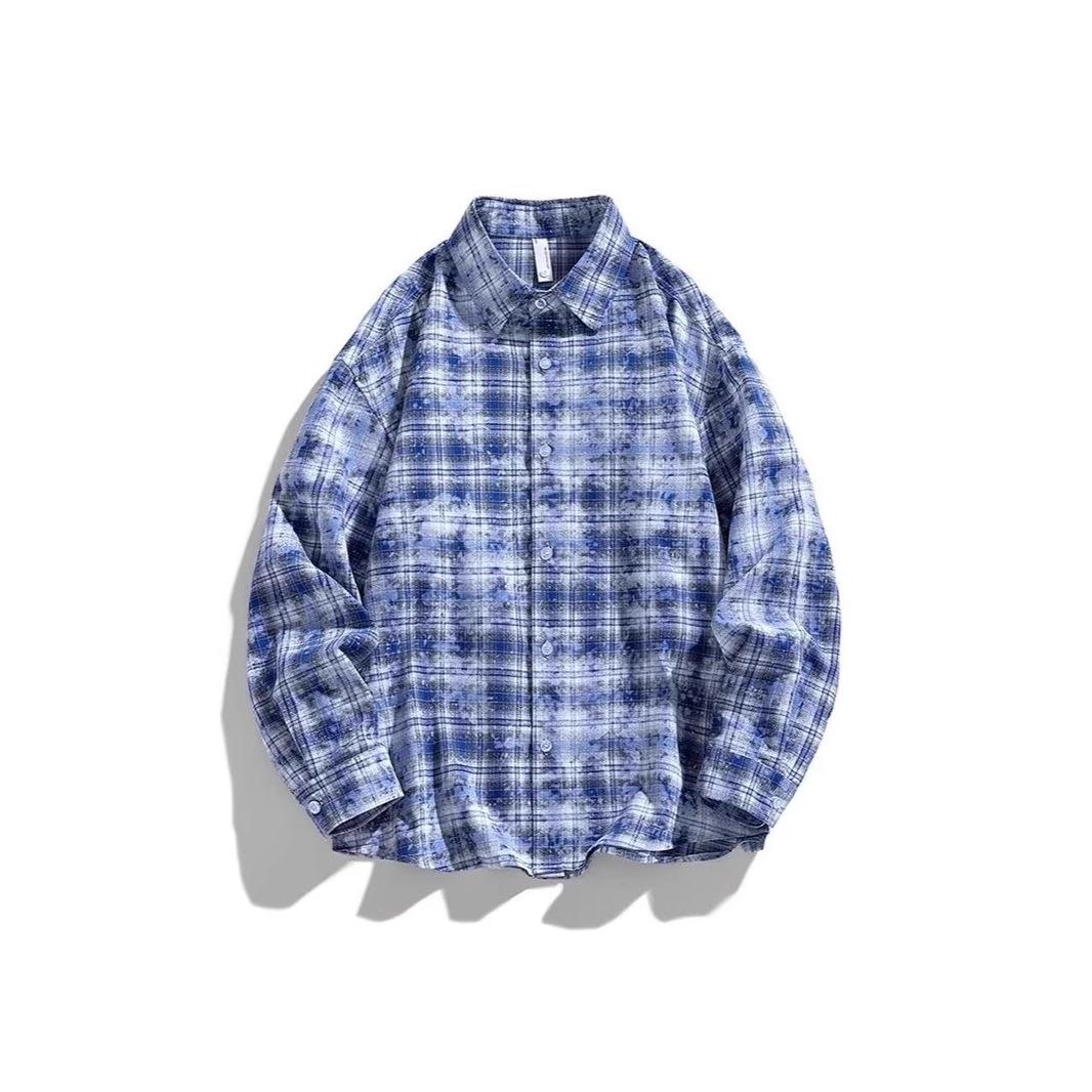 

Унисекс Корейско-Японская Клетчатая Летняя 2025 Модная Свободная Повседневная Рубашка/Куртка с Длинным Рукавом 3XL синий