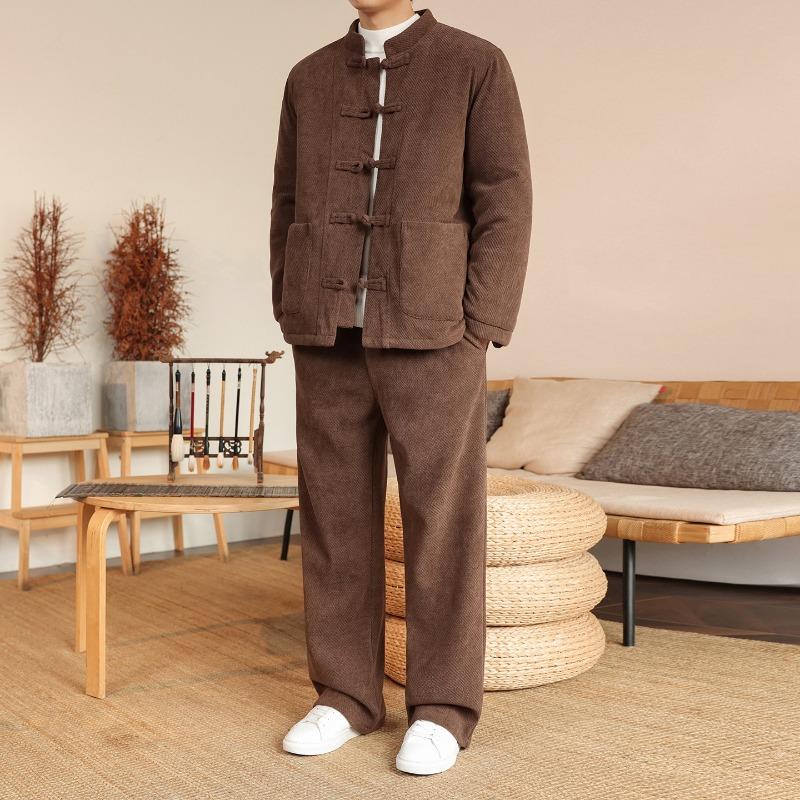 Winter Chinese Style Men's Trendy Suit Chinese Retro Tang Suit Cotton Coat  Velvet Warm  Jacket Two-piece Set