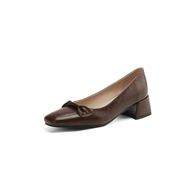 Casual Four-season Wear Single Shoes, Medium Heel, Square Heel, Rubber Low-top Shoes, One Pedal, Square Head, New Women's Small Leather Shoes
