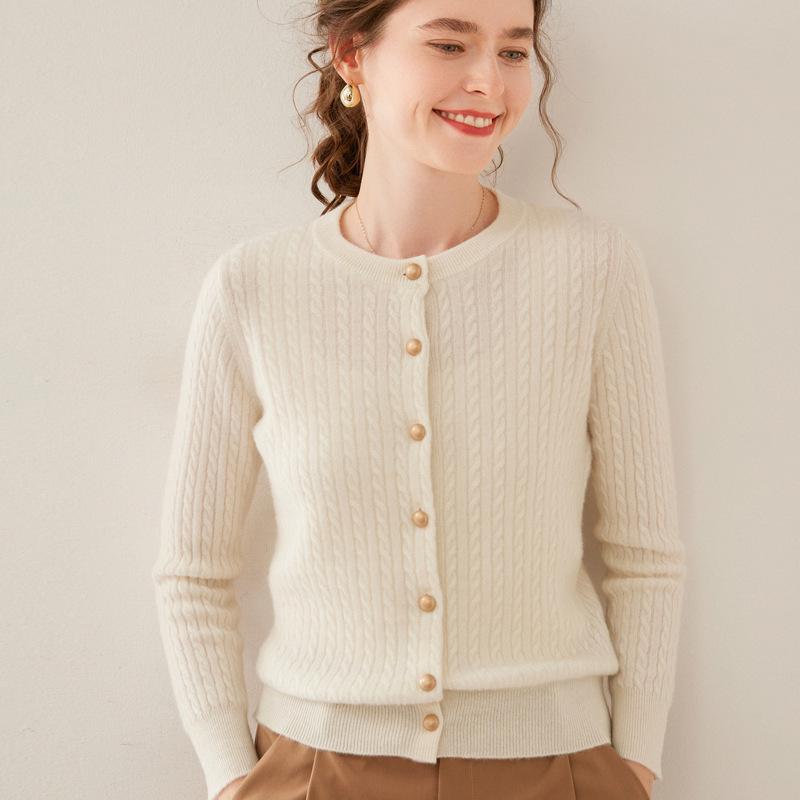 Women's Cashmere Long Sleeve Round Neck Cardigan Sweater - Autumn/Winter Cable Knit Wool Outerwear