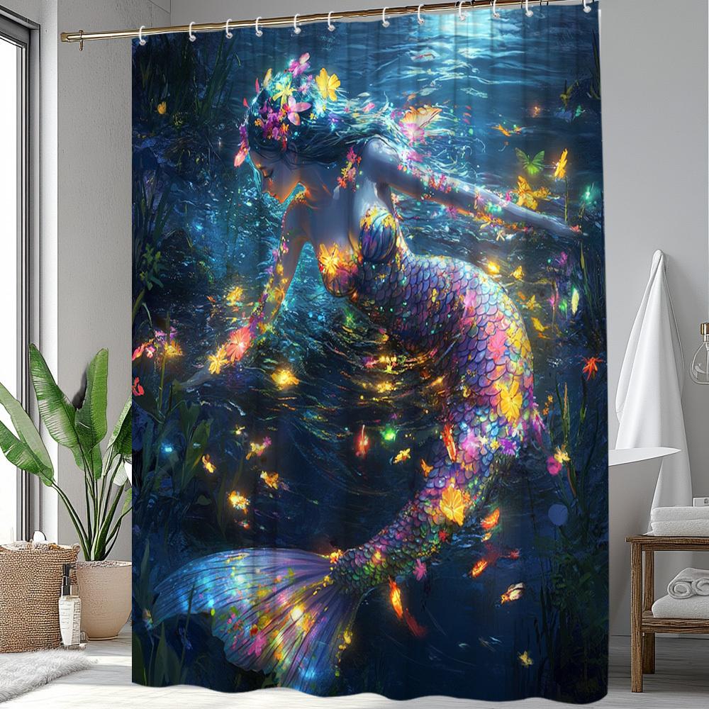 Enchanting Mermaid Print Waterproof Shower Curtain For Bathroom, Colorful Ocean Design High-End Toilet Partition Curtain