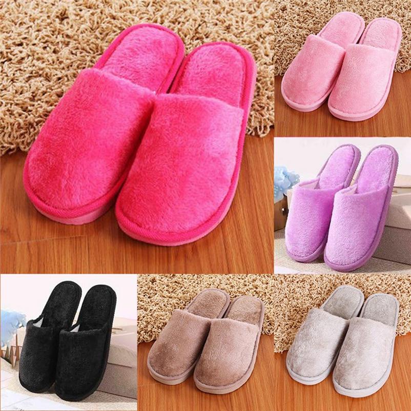 Non-slip Comfortable Winter Couples Solid Color Warm Home Plush Flat Candy Color Slippers