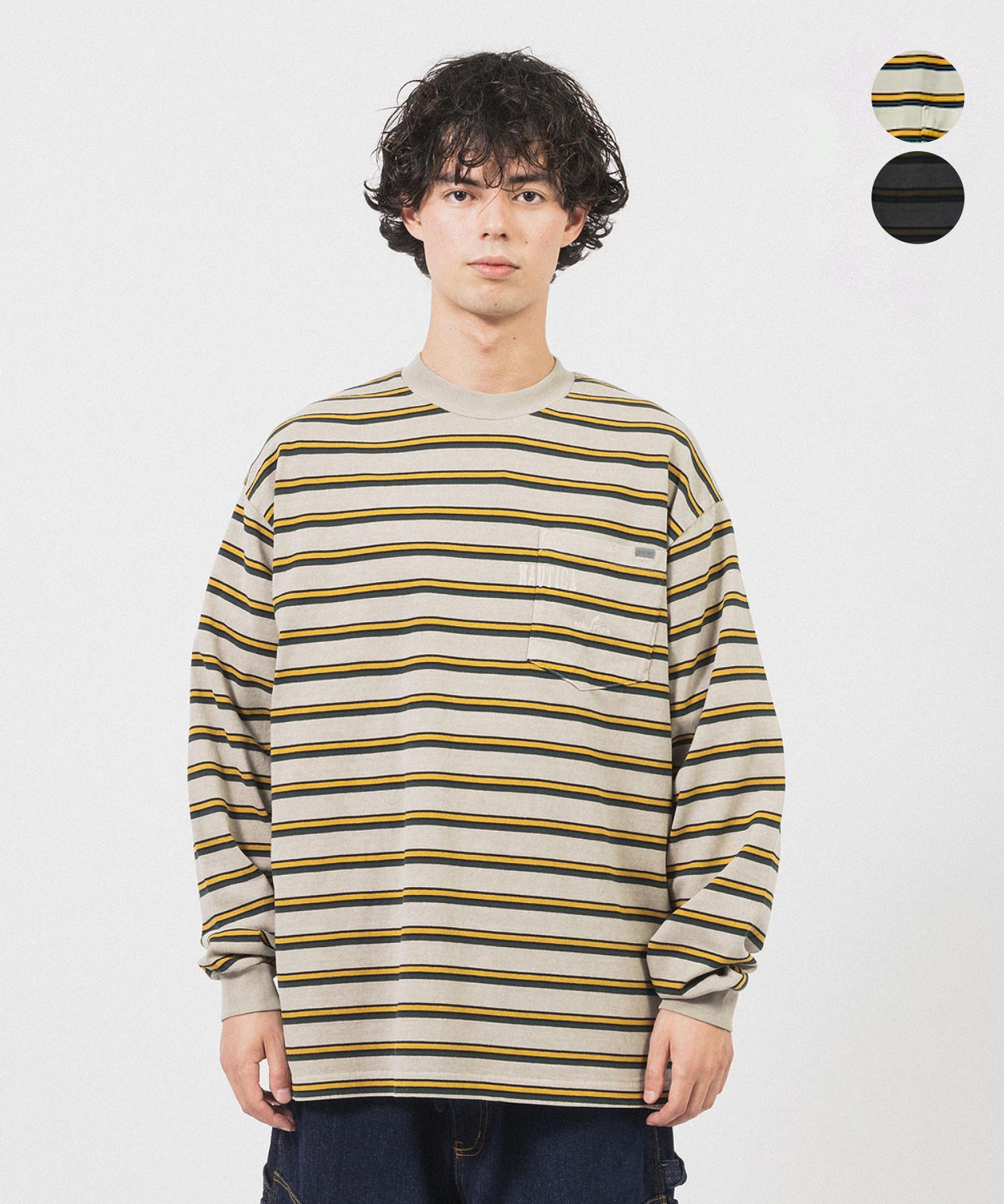 Notica [Jp Line] Garment Pigment Dyed Hidden Logo Multi-Border Long Sleeve Beige/Xl