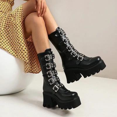 Fashion Punk Belt Buckle Women Boots Cosplay Comfort Women's High Boots Leather Boot Wedges Gothic Style Women Boots