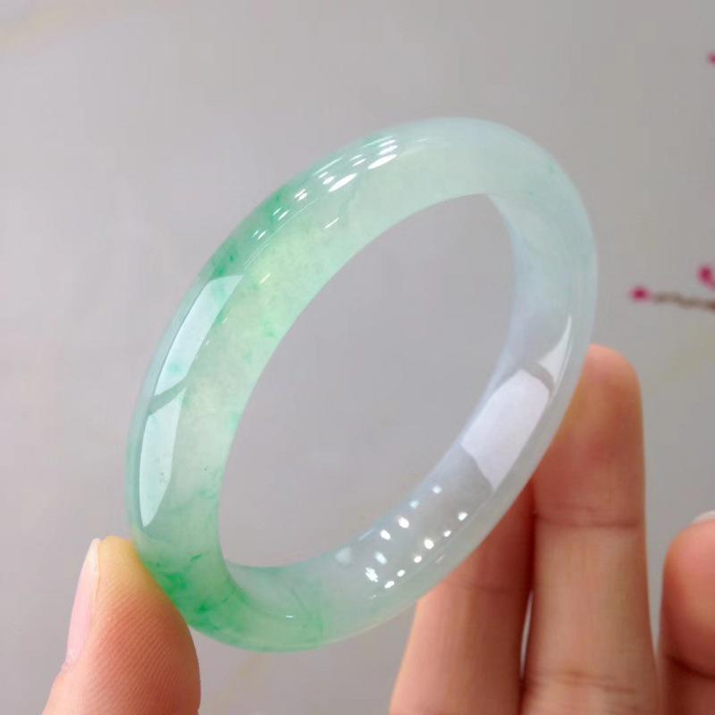 Authentic Myanmar Ice Jade Concubine Bracelet – Bright Green with Floating Flower Motif