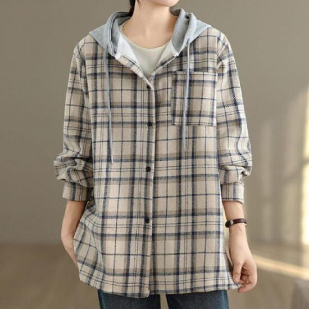 Navava Casual Warm Check Fleece Lined Long Sleeve Hoodie Shirt Nb2993