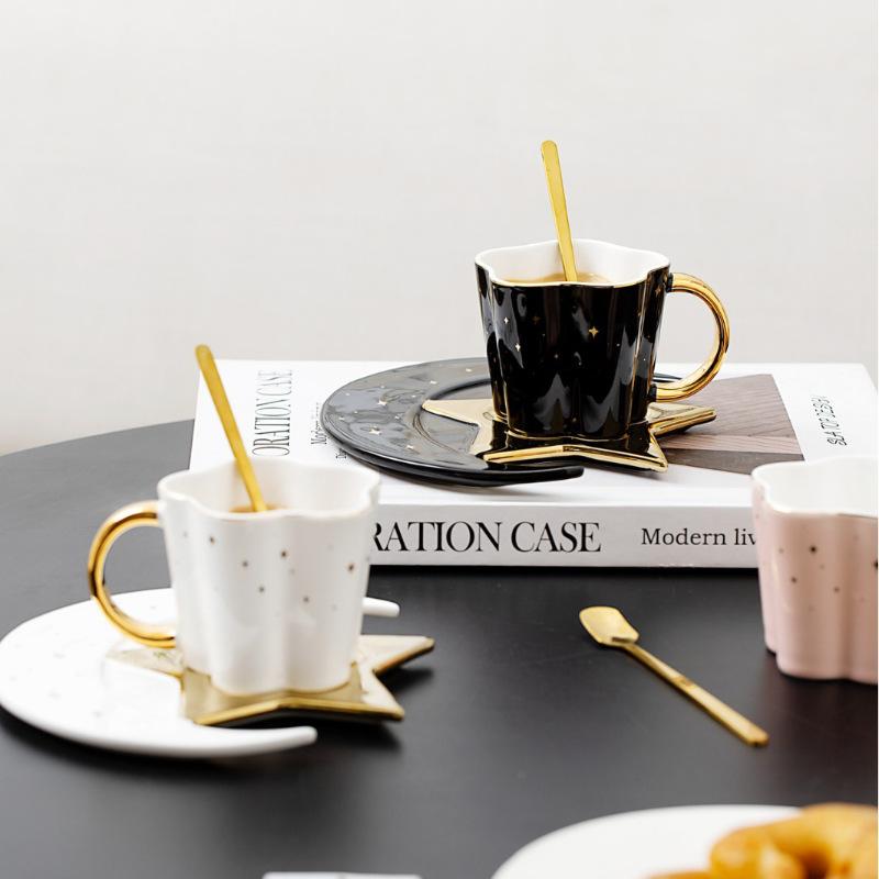 Nordic Ceramic Coffee Cup Saucer Creative High end Gold-patterned Hand Patterned Mug Fashionable Star Moon Style Coffee Cup Saucer