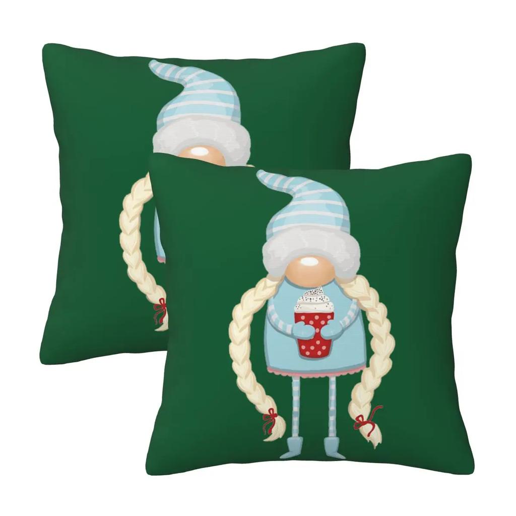 Christmas Gnome With Coffee 2 Pcs Square Pillowcase Pillow Cover Cushion Decor Comfort Throw Pillow For Home Car