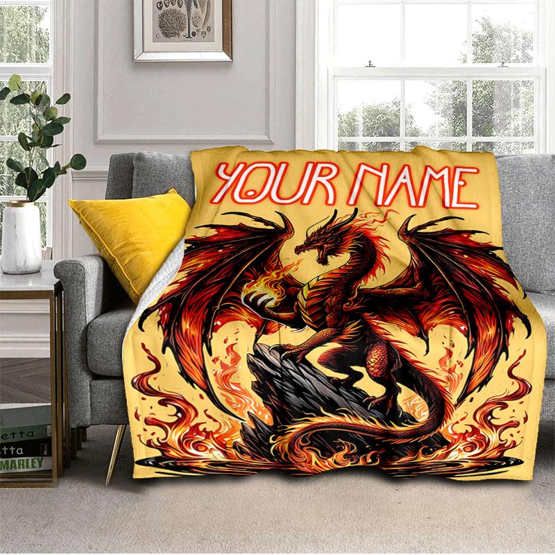 1PC Custom Name "Fiery Dragon Artwork" flannel blanket versatile,all-season throw suitable for the living room,bedroom,camping,travel,and gift