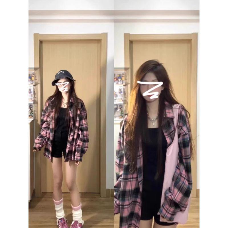

American vintage Plaid Shirts Outerwear Women Spring and Autumn 2025 New Oversize Early Spring Long sleeve Top Shirt Pink Gingham Shirt S