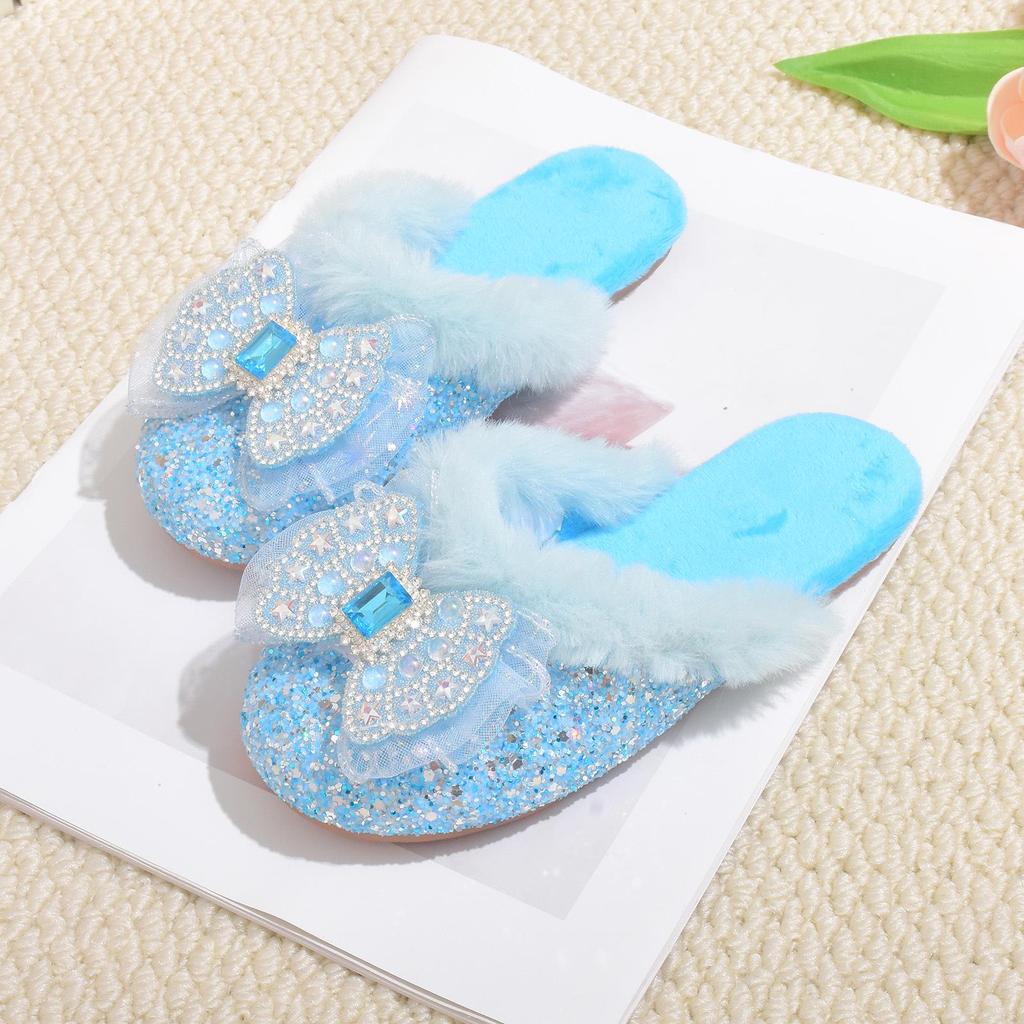 Girls' Bow-Knot Furry Cotton Slippers - Cozy Autumn & Winter Shoes for Girls and Babies.