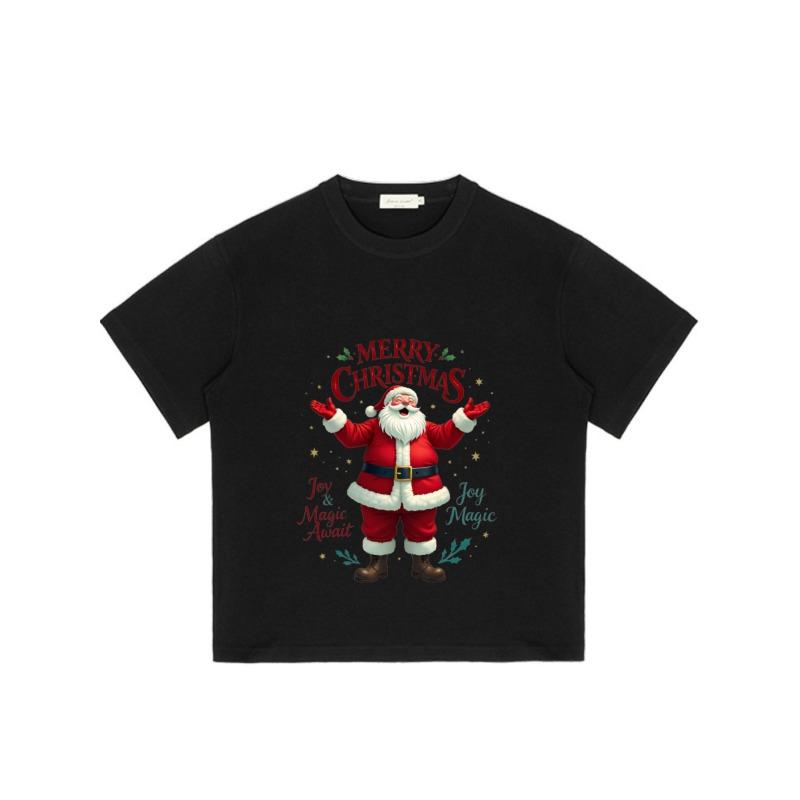 Christmas T-Shirt Black Santa Claus Merry Christmas Joy and Magic Await Holiday Party Wear