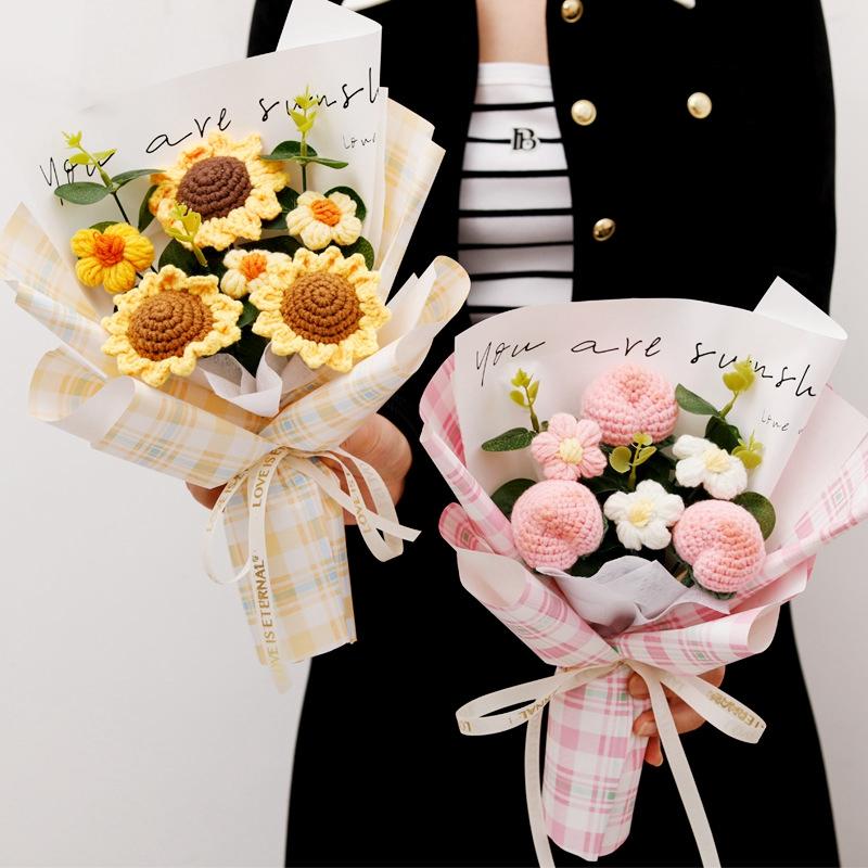 Crochet Flowers Graduation Flower Bouquet Eternal Flower Wedding Guests Gift Woven Sunflower Mother's Day Gifts
