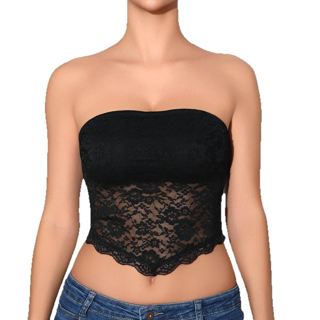 Crop Top a Tubo Trasparente Floreale in Pizzo da Donna