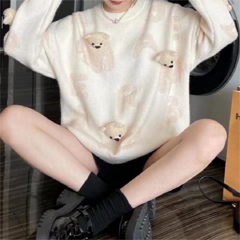 Korean 3D Little Bear Knit Sweater for Women - Loose, Fashionable, Plus Size for Autumn/Winter