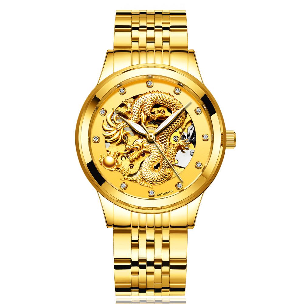 Modun Men's Gold Dragon Pattern Automatic Skeleton Watch with Genuine Leather Strap and Waterproof Multifunctionality