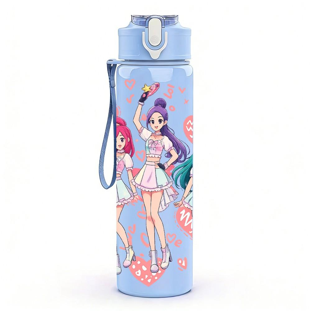 1PC Anime Girl Group Colorful Cartoon Art 750ml Color Plastic Sports Water Bottle Leakproof Flip Straw Lid Suitable for Sports Office Home Use