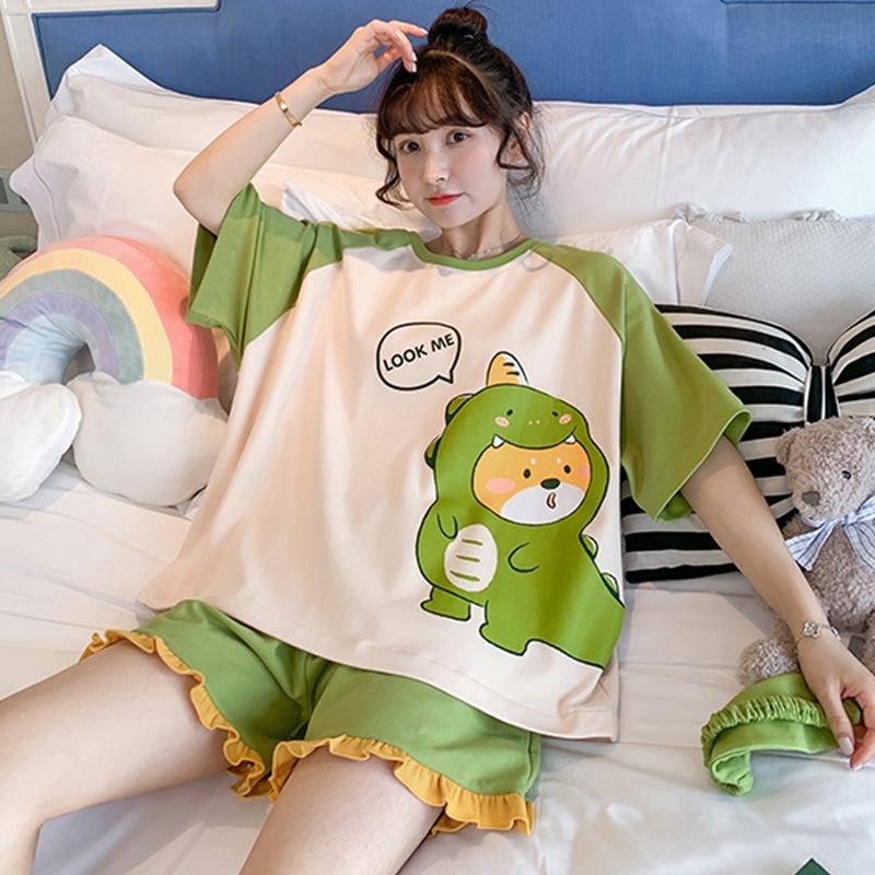 

Женская одежда, двухкомпонентная пижама, летняя, с короткими рукавами, тонкая, свободная версия, большой размер, повседневная, удобная домашняя одежда S