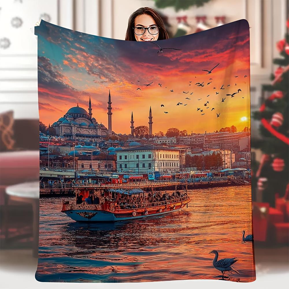 

1pc Vintage-Inspired Soft Single-Sided Printed Blanket - Colorful Sunset Over Bosporus with Istanbul Skyline & Ferry Design 70x100cm28x39in
