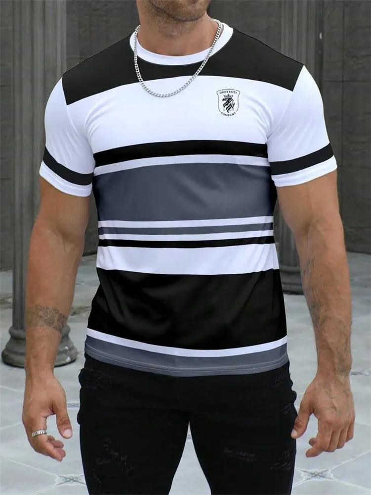 Simple Striped 3D Printed Men's T-shirt, Summer Casual Short-sleeved T-shirt, Street Style Crew Neck Pullover, Men's Loose Clothing