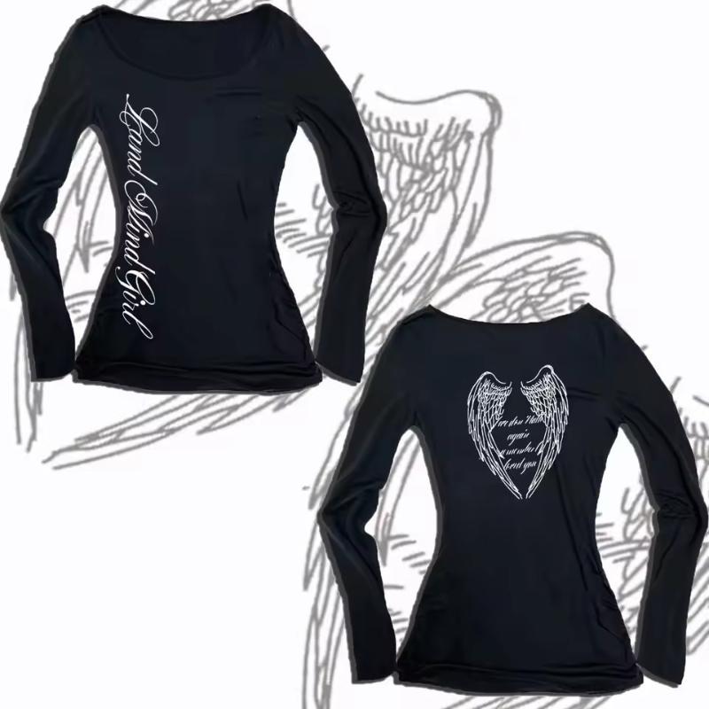 Y2K Spring and Autumn slim fit sexy round neck women's printed gothic style spicy girl long sleeved top
