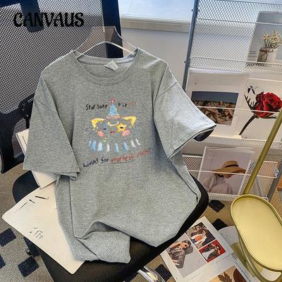 Cotton Printed T-shirt Women's Summer Short Sleeve Plus Size Loose Casual Couple Tops