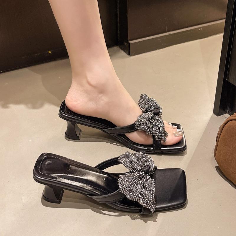 Fashion Bling Bow High Heels Women Sandals Square Toe Slippers Woman Shoes Summer 2025 Brand New Chunky Shoes Flip Flops Sexy Pumps