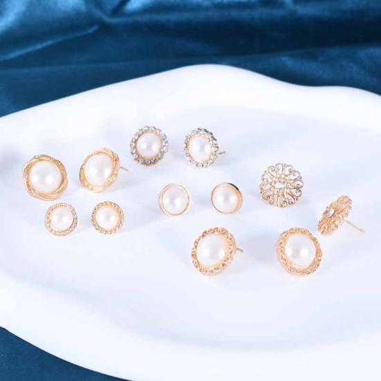 Yousheng 6 Pairs Stud Earrings Round Shiny Rhinestone Inlaid Electroplating All Match Decoration Gift Faux Pearl Flower Women Ear Studs Jewelry for