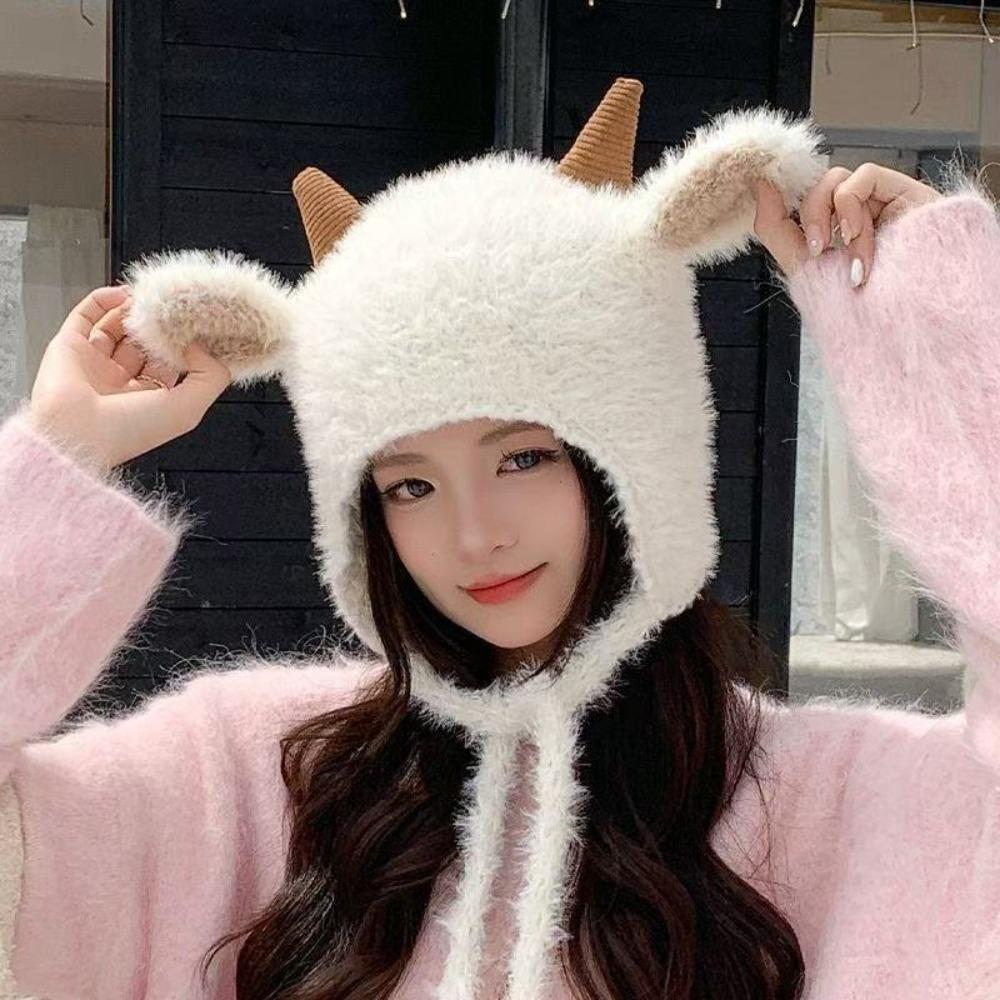 Fleece Lined Knitted Hat Korean Style Sheep Horn Hat Cute Trapper Hat Cold Weather