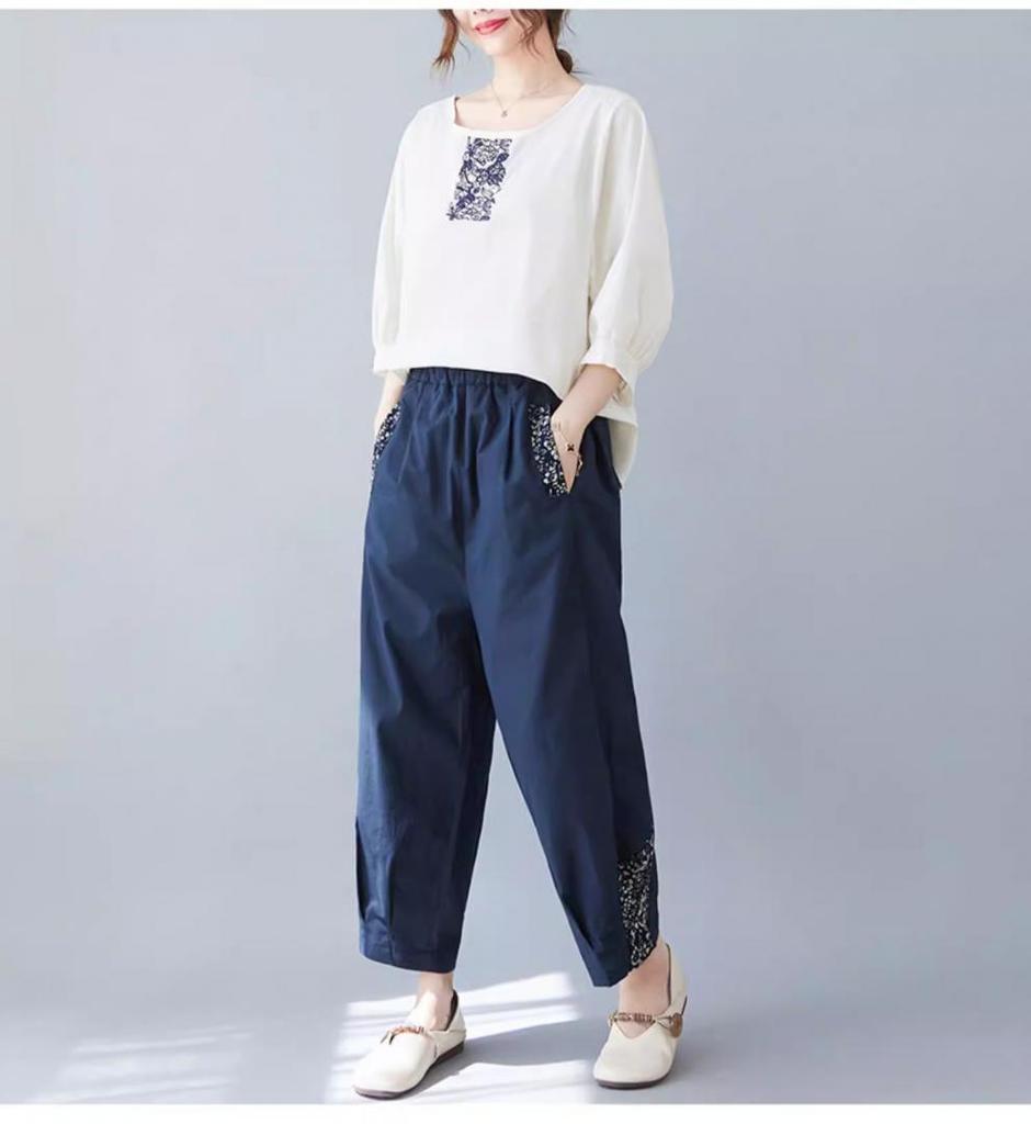 Korean Style Embroidered Cotton Linen Round Neck Mid-Sleeve Plus Size Women's T-Shirt